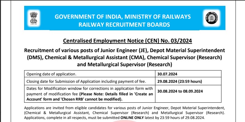 RRB JE, Chemical Supervisor, Metallurgical Supervisor & Other Recruitment 2024