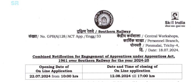 RRC Southern Railway Apprentice Recruitment 2024